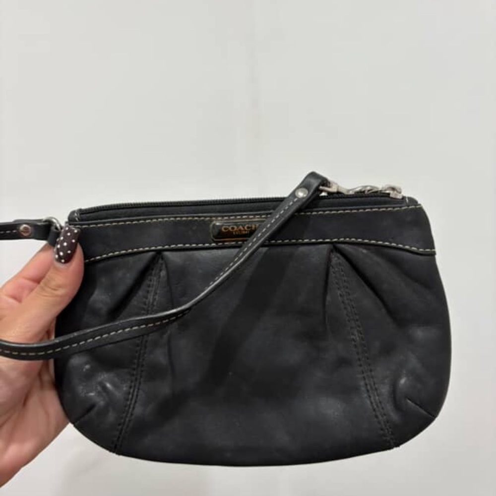 Coach Black Leather Wristlet with Stitch Detail